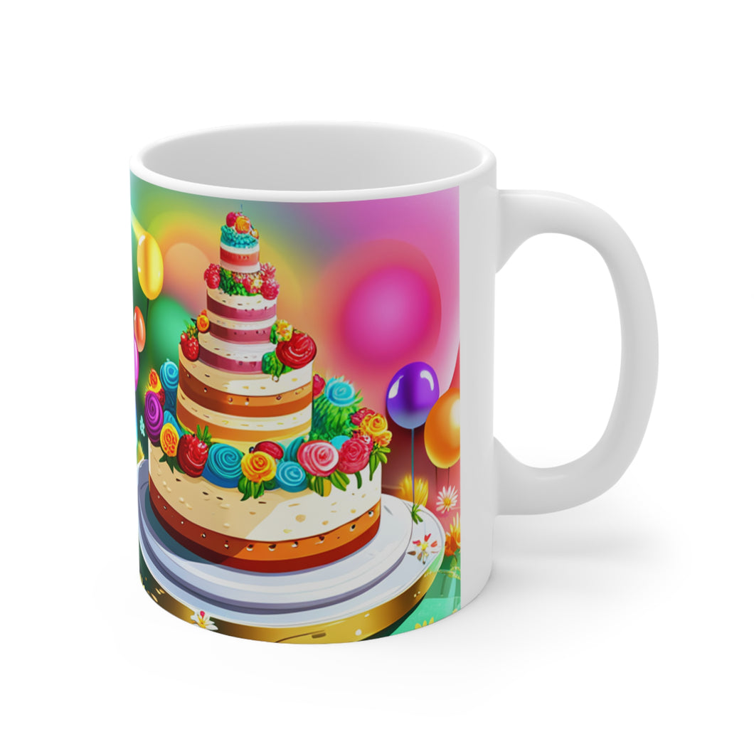 Happy Birthday Rainbow Cake Celebration #30 Ceramic 11oz Mug AI-Generated Artwork