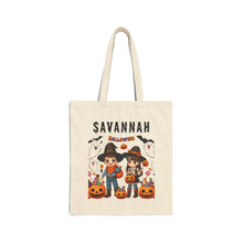 Load image into Gallery viewer, Custom Customize Trick-or-Treat Halloween Kids Cowboy &amp; Girl Cotton Canvas Tote Bag 15&quot; x 16&quot; Spooky Ghost, Jack-O-Lantern,  Candy Cones
