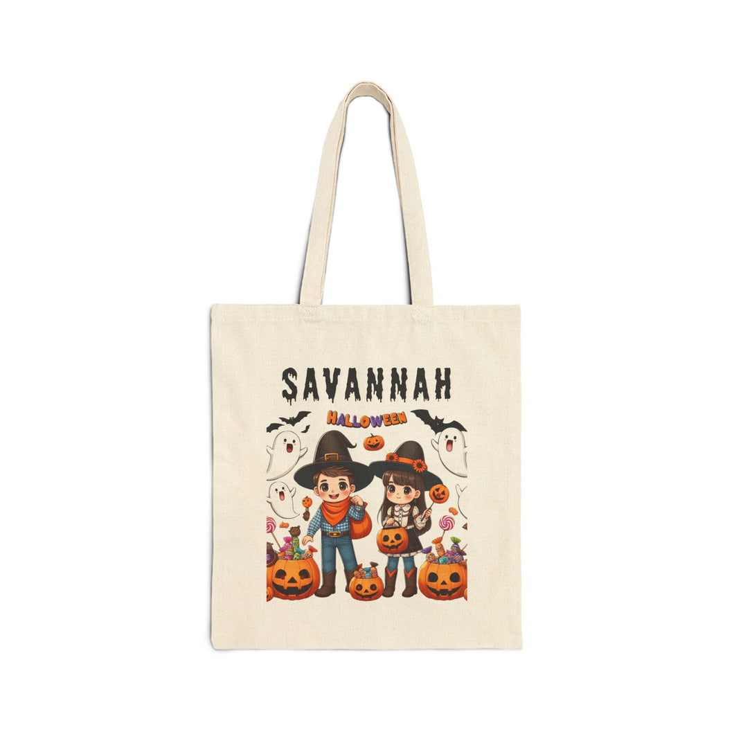 Custom Customize Trick-or-Treat Halloween Kids Cowboy & Girl Cotton Canvas Tote Bag 15