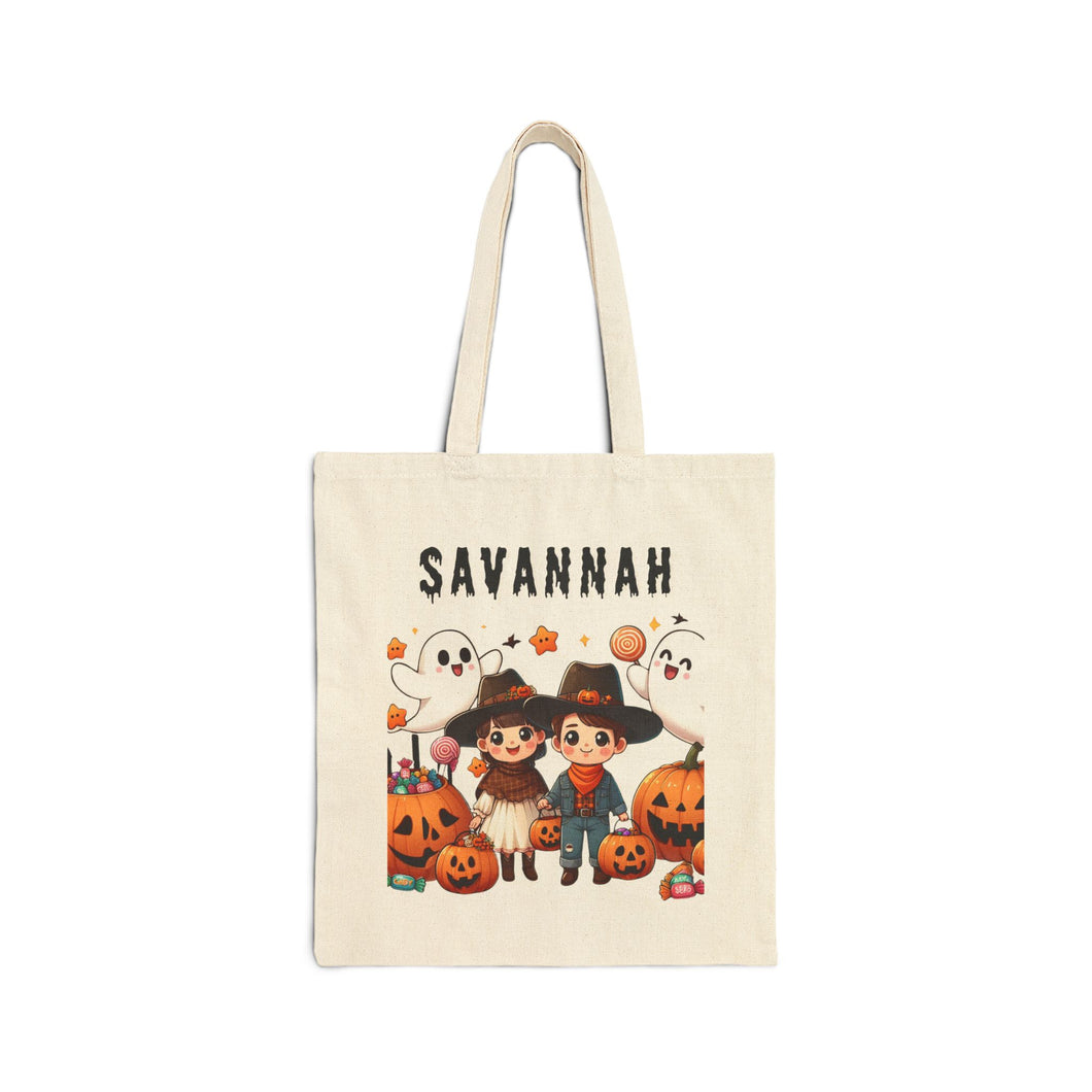 Custom Customize Trick-or-Treat Halloween Kids Cowboy & Cowgirl Cotton Canvas Tote Bag 15