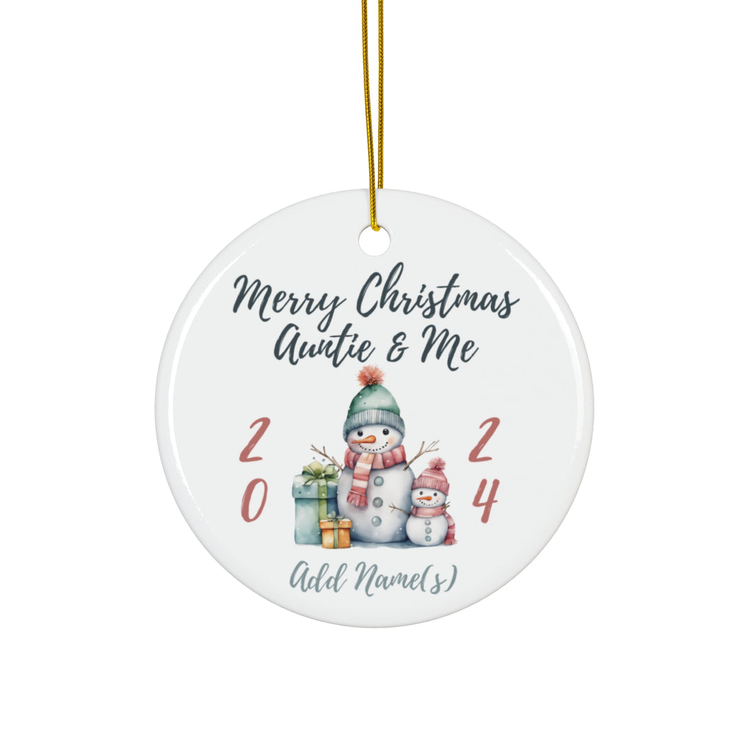 Personalize White Round Ceramic Ornament Auntie & Me Snowman 3