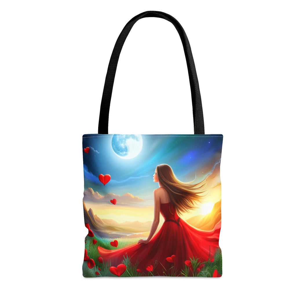 Moon Light Hearts Red Skies Series #4 Tote Bag AI Artwork 100% Polyester