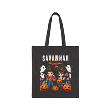 Load image into Gallery viewer, Custom Customize Trick-or-Treat Halloween Kids Cowboy &amp; Girl Cotton Canvas Tote Bag 15&quot; x 16&quot; Spooky Ghost, Jack-O-Lantern,  Candy Cones
