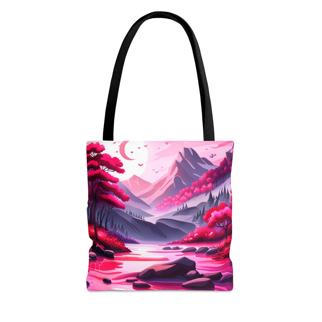 Mountain Love the Pink Heart Series #3 Tote Bag AI Artwork 100% Polyester
