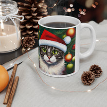 Load image into Gallery viewer, Fancy Gray Kitty Christmas Vibes Ceramic Mug 11oz Design #4 Mirrored Image
