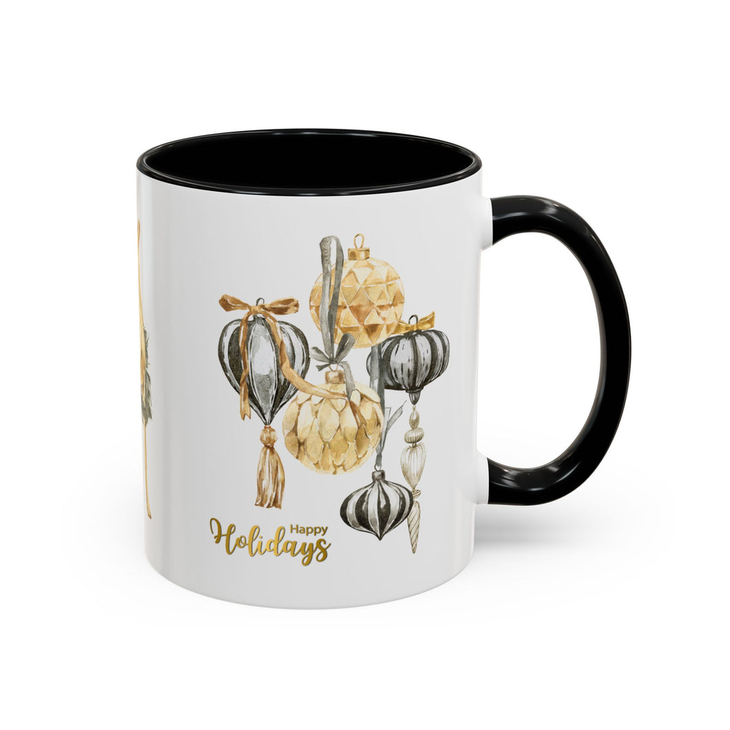 Coffee Mug - Happy Holidays Gold & Black Ornament Reindeer