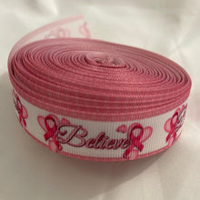 Load image into Gallery viewer, Pink &amp; White Believe Breast Cancer 7/8&quot; Ribbon 3 yards for hair bows &amp; Crafts
