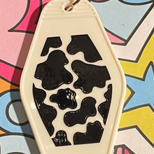 Load image into Gallery viewer, Cow print Retro Motel Acrylic Message Keychain with black

