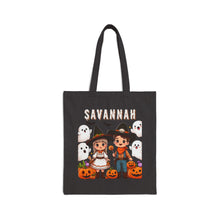 Load image into Gallery viewer, Custom Customize Trick-or-Treat Halloween Kids Bats Cowboy &amp; Cowgirl Cotton Canvas Tote Bag 15&quot; x 16&quot; Ghost, Jack-O-Lantern,  Candy Cones
