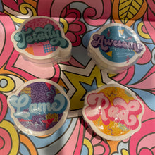 Load image into Gallery viewer, 1980&#39;s Retro Lingo Round Stickers - Awesome 2.0&quot; x 1.6&quot; Die Cut
