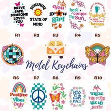 Load image into Gallery viewer, Groovy Peace Inspired Motel Keychains – Retro Charm for Modern Adventures (R1-R10)
