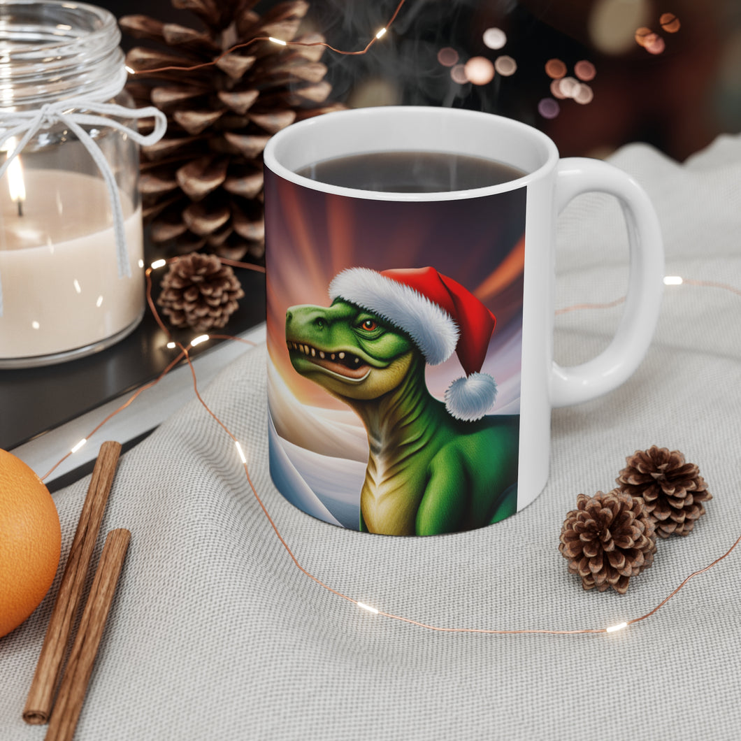 Dinosaur Raptor Rocks Christmas Santa Red Hat Ceramic Mug 11oz design #4 Mirrored Images