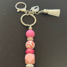 Load image into Gallery viewer, Hand Crafted Pink and white Tassel keychain purse clip with AngelWing Charm
