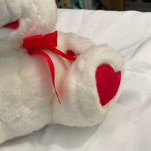 Load image into Gallery viewer, Caltoy White Plush Bear Red Ribbon &amp; Hearts on Feet 11&quot; (Pre-owned)

