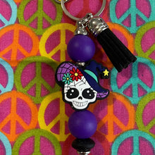 Load image into Gallery viewer, Purple skull keychain with flowers Custom Handmade Bead Bar About 3" Long
