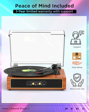 Load image into Gallery viewer, Bluetooth Record Player with RGB Lights, 3-Speed Belt-Drive Turntable with Built-in Stereo Speakers, Bass/Treble Control, Auto Stop, AUX in/Out, RCA Out, Retro Wood Vinyl Player for Home &amp; Gift Use
