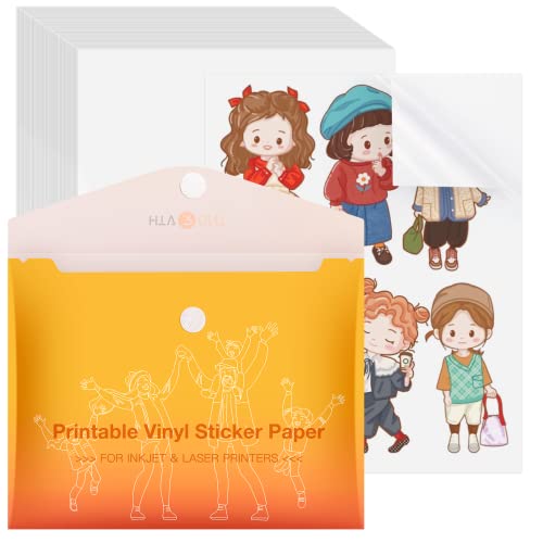 HTVRONT Printable Vinyl Sticker Paper, 100 Sheets Glossy Waterproof Sticker Paper For Inkjet Printer Dries Quickly-Standard Letter Size 8.5