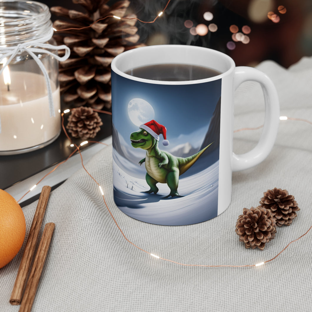 Dinosaur Raptor Rocks Christmas Santa Red Hat Ceramic Mug 11oz #8 Mirrored Images