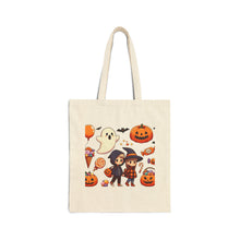 Load image into Gallery viewer, Trick-or-Treat Halloween Kids Hoodie Cotton Canvas Tote Bag 15&quot; x 16&quot; Spooky Ghost, Jack-O-Lantern,  Candy Cones Candy
