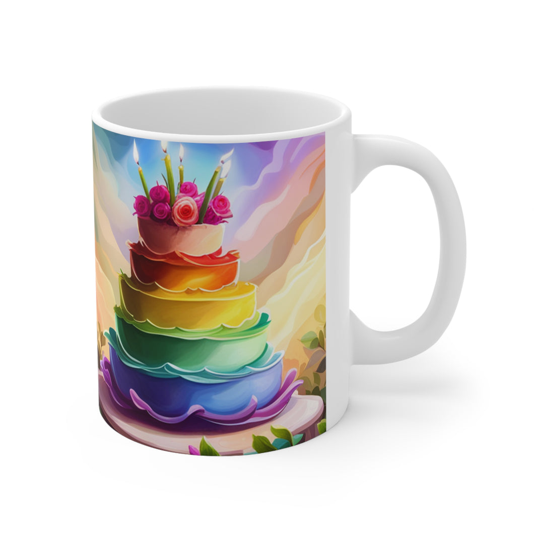 Happy Birthday Rainbow Cake Celebration #32 Ceramic 11oz Mug AI-Generated Artwork