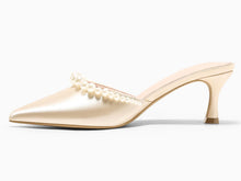 Load image into Gallery viewer, Coutgo Womens Pearl Kitten Heels Mules Closed Pointed Toe Slip On Satin Pumps Wedding Bride Dress Shoes, Champagne Gold, Size 9

