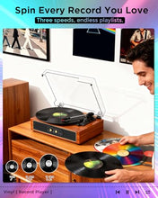 Load image into Gallery viewer, Bluetooth Record Player with RGB Lights, 3-Speed Belt-Drive Turntable with Built-in Stereo Speakers, Bass/Treble Control, Auto Stop, AUX in/Out, RCA Out, Retro Wood Vinyl Player for Home &amp; Gift Use
