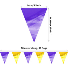 Load image into Gallery viewer, 3P Purple Gold Party Decorations - Metallic Fabric Triangle Pennant Banner Flags - Indoor/Outdoor Bunting Garland for Birthday, Wedding, Graduation &amp; Theme Parties
