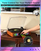 Load image into Gallery viewer, Bluetooth Record Player with RGB Lights, 3-Speed Belt-Drive Turntable with Built-in Stereo Speakers, Bass/Treble Control, Auto Stop, AUX in/Out, RCA Out, Retro Wood Vinyl Player for Home &amp; Gift Use

