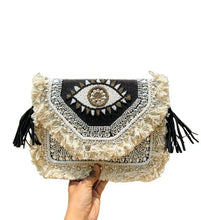 Load image into Gallery viewer, HOUSE OF DISANA Embroidered Evil Eye bohemian bag Envelope Shoulder Bag Tote Handbags, Beach Bag for Vacation, Travel, Banquet Beach - Black
