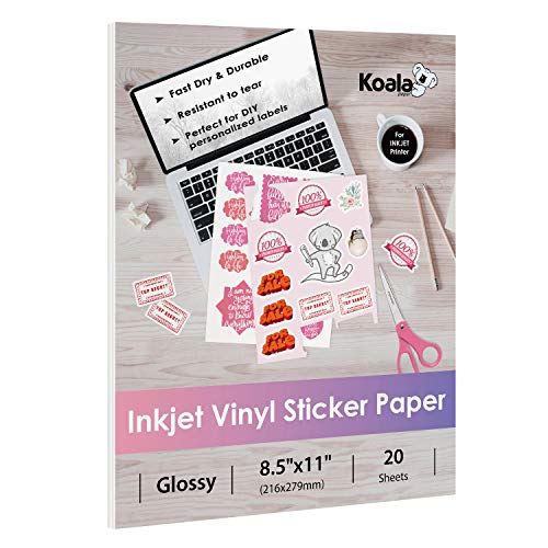 Koala Printable Vinyl Sticker Paper for Inkjet Printers - 20 Sheets Glossy White Waterproof Adhesive Label Paper - 8.5x11 Inch, Tear-Resistant, Removable