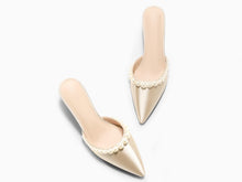 Load image into Gallery viewer, Coutgo Womens Pearl Kitten Heels Mules Closed Pointed Toe Slip On Satin Pumps Wedding Bride Dress Shoes, Champagne Gold, Size 9
