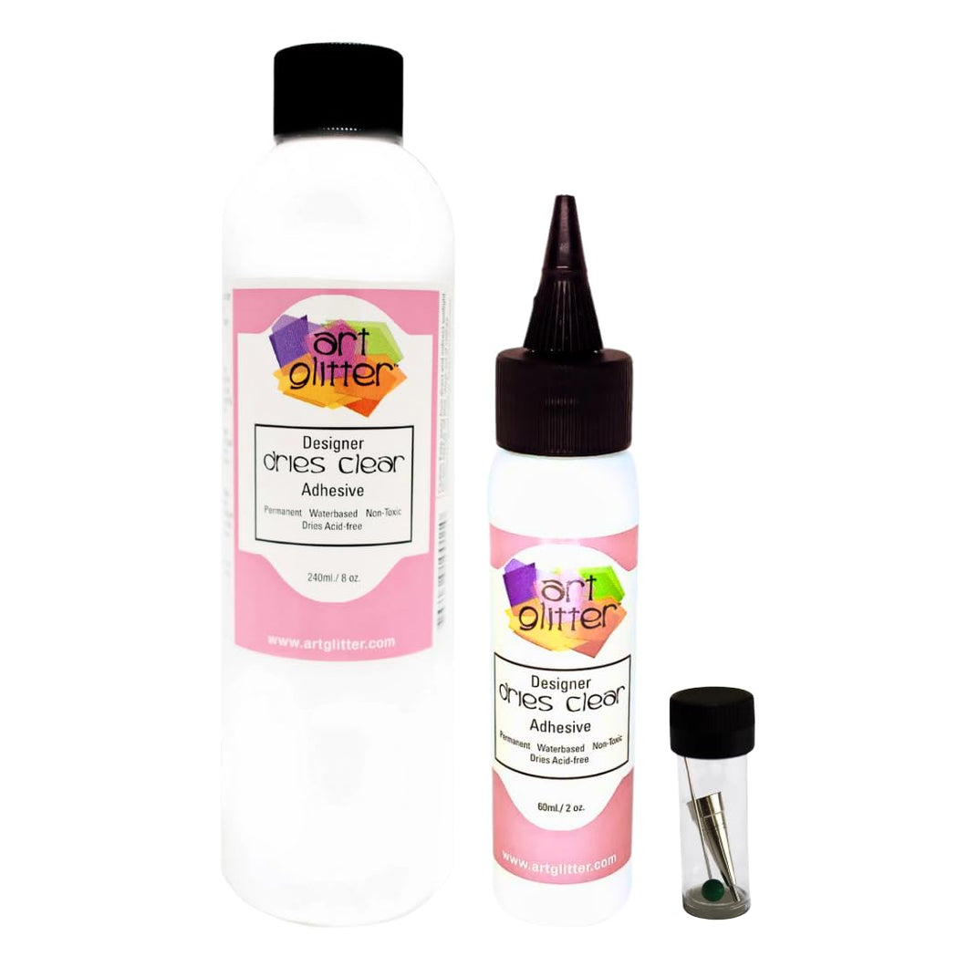 Art Institute Glitter Designer Dries Clear Adhesive Bundle 8oz,2oz, Metal Tip