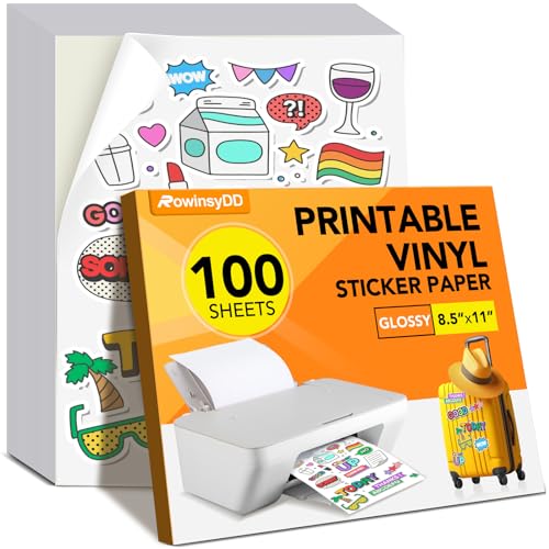 100 Pcs Glossy White Printable Vinyl Sticker Paper，Sticker Paper for Inkjet Printer & Laser Printer，Waterproof Self-Adhesive Sheets，8.5