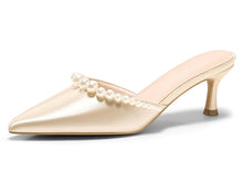 Load image into Gallery viewer, Coutgo Womens Pearl Kitten Heels Mules Closed Pointed Toe Slip On Satin Pumps Wedding Bride Dress Shoes, Champagne Gold, Size 9
