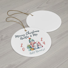 Load image into Gallery viewer, Personalize White Round Ceramic Ornament Auntie &amp; Me Snowman 3&quot; x 3&quot; Single Aunt and niece
