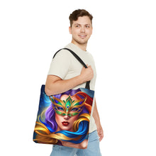 Load image into Gallery viewer, Mardi Gras Ribbon Mask #8 Tote Bag AI Artwork 100% Polyester
