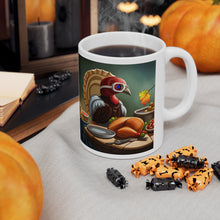 Load image into Gallery viewer, Thanksgiving Take Flight Turkey All Dressed up and Nowhere to Go Ceramic Coffee Mug Design #1 Left Right
