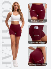 Load image into Gallery viewer, COPYLEAF Biker Shorts Women with Pockets 5'' High Waisted Gym Workout Spandex Shorts Tummy Control Yoga Shorts(Wine Red L)
