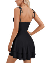 Load image into Gallery viewer, Rooscier Women's Straps Tie Knot Layered Ruffle A Line Sleeveless Ruched Contrast Mesh Mini Dress Black X-Large
