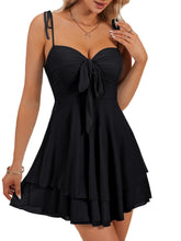 Load image into Gallery viewer, Rooscier Women's Straps Tie Knot Layered Ruffle A Line Sleeveless Ruched Contrast Mesh Mini Dress Black X-Large
