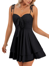 Load image into Gallery viewer, Rooscier Women's Straps Tie Knot Layered Ruffle A Line Sleeveless Ruched Contrast Mesh Mini Dress Black X-Large
