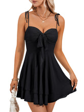Load image into Gallery viewer, Rooscier Women's Straps Tie Knot Layered Ruffle A Line Sleeveless Ruched Contrast Mesh Mini Dress Black X-Large
