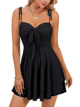 Load image into Gallery viewer, Rooscier Women's Straps Tie Knot Layered Ruffle A Line Sleeveless Ruched Contrast Mesh Mini Dress Black X-Large
