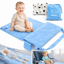 Load image into Gallery viewer, Toddler Airplane Bed seat Extender with Pillow - Soft Portable Travel Bed for Kids - Plane footrest for Long Flights - Lightweight Carry Bag Included (Baby Blue)
