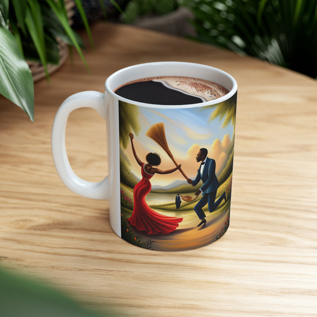 Traditional African American Culture Red Dress Bride and Groom Jumping the Broom Ceremony Ceramic Mug 11oz