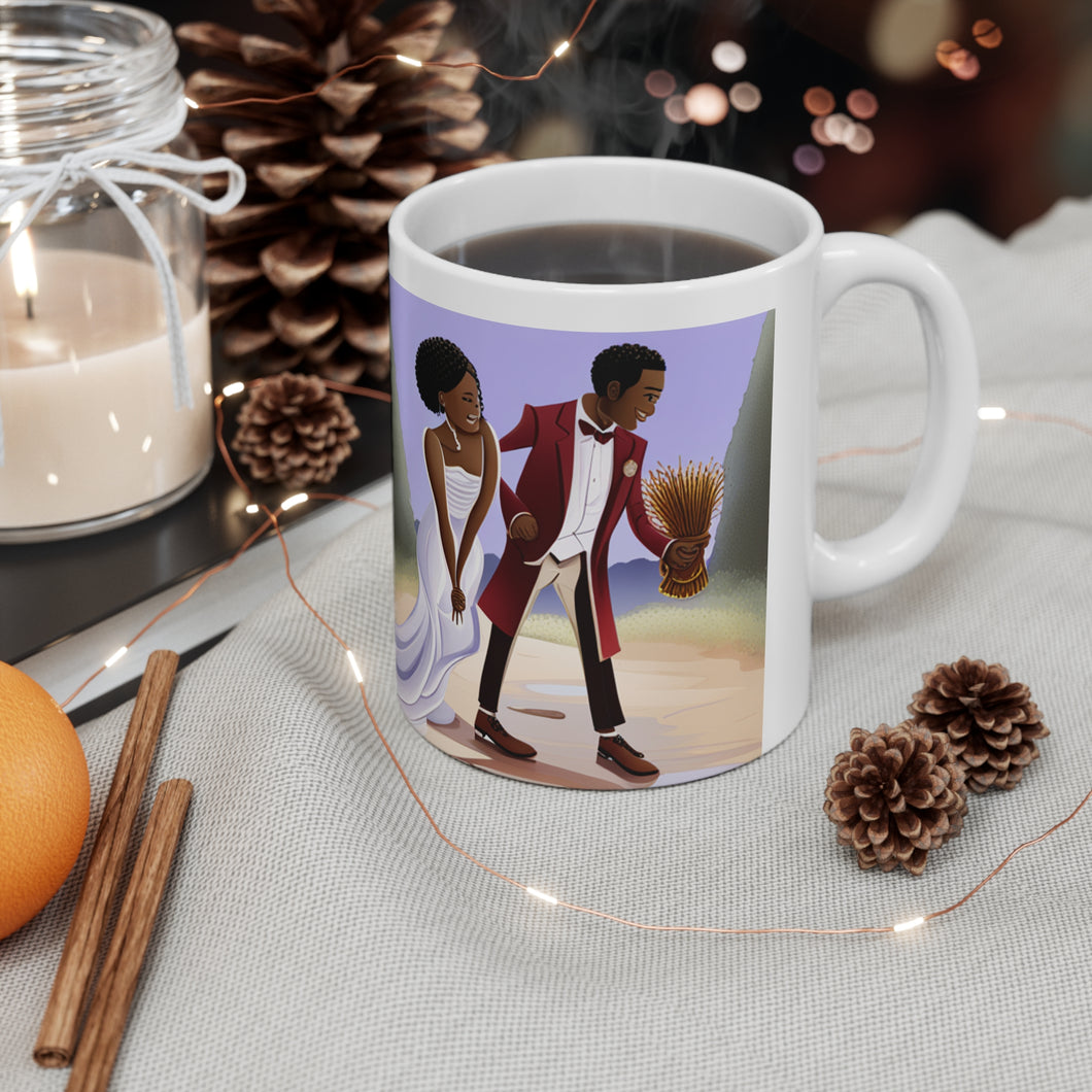 Traditional African American Culture Bride Lavender Dress and Groom Jumping the Broom Ceremony Ceramic Mug 11oz AI Generated Image