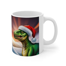 Load image into Gallery viewer, Dinosaur Raptor Rocks Christmas Santa Red Hat Ceramic Mug 11oz design #4 Mirrored Images
