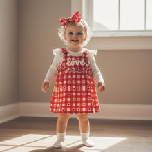 Load image into Gallery viewer, Aiwpstoin Valentines Day Baby Girl Outfit Heart Love Embroidery Ruffled Romper Top Plaid Overall Dress Headband Set (Red, 6-9 Months)
