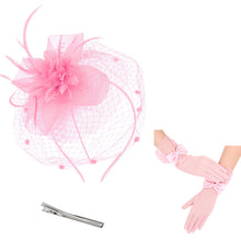 Load image into Gallery viewer, Pink Fascinators Hats Women Mesh Veil Headband and Gloves Set Short Lace Polka Dot Mesh Hair Accessories
