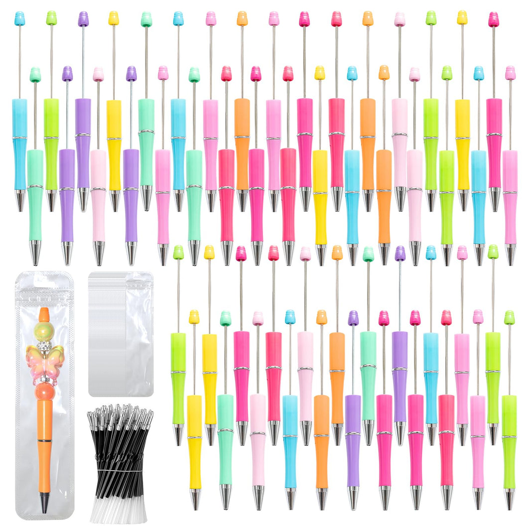 DASTTUIS 150 Pieces DIY Beadable Pen Kit – 50 Plastic Ballpoint Pens with Refills & Bags – School Supplies, Office Accessories & Decorative Items for Students & Teachers （Sweet）